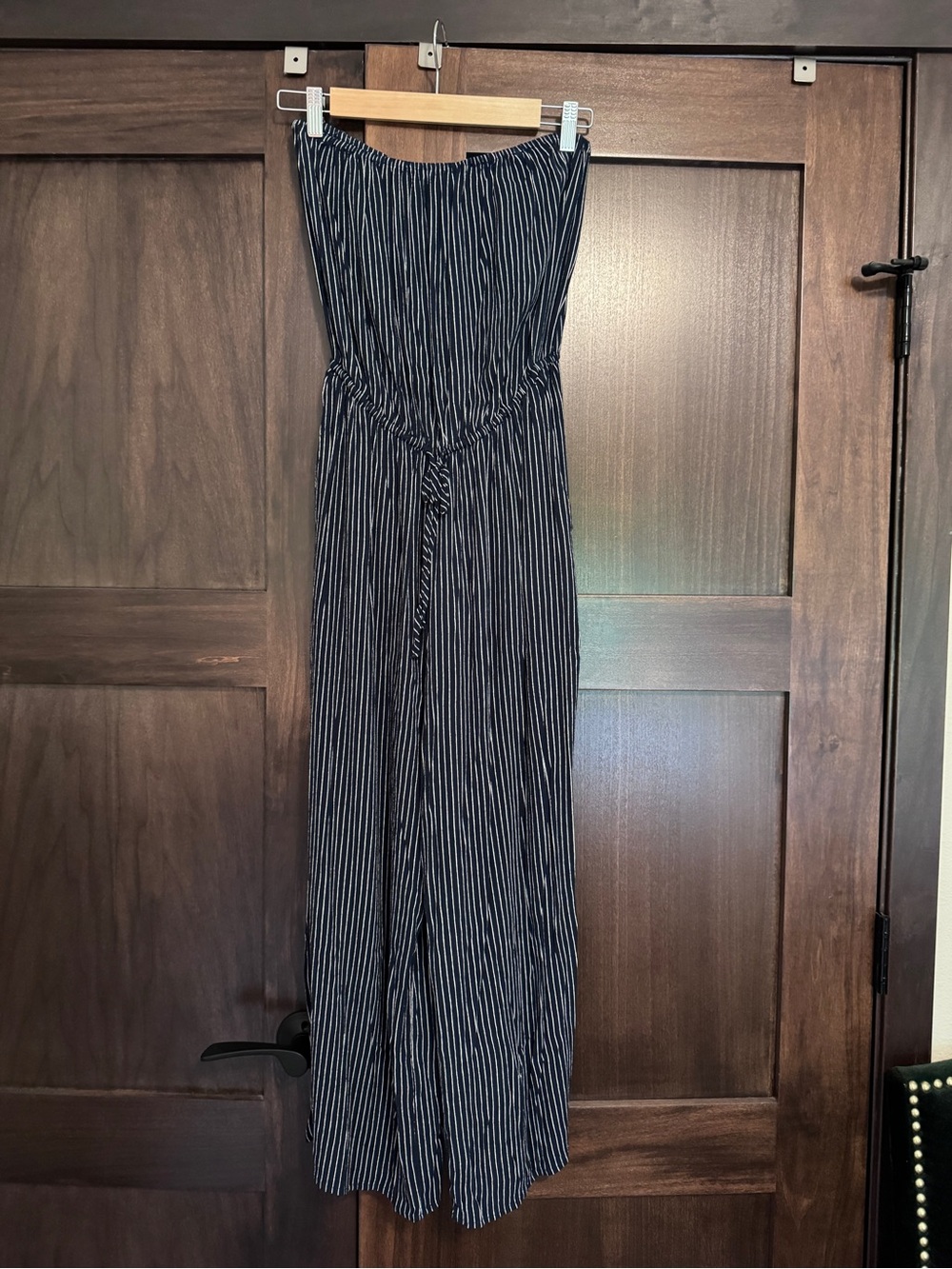 Abercrombie & Fitch Navy and White Striped Strapless Jumpsuit